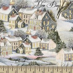 a christmas card with houses and trees in the snow