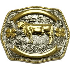 a gold and silver belt buckle with a cow on it