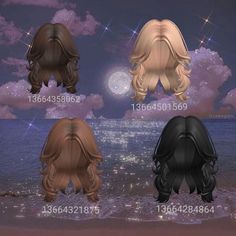 four different styles of ponytails on the beach with stars and clouds in the background