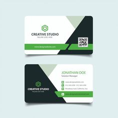 two business cards with green and black designs on them, one is for creative studio