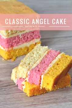 a close up of a slice of cake on a table with the words classic angel cake above it