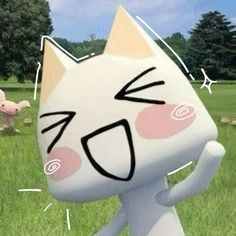 an animated cat is standing in the grass