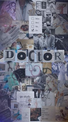 collage of photos with the word doctor written on them in white letters and images of doctors