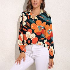 Immerse yourself in the timeless allure of the '70s with our Vintage-inspired Black Orange Floral Blouse, a stunning piece that captures the essence of the era. Embrace the free-spirited vibes with our 70s Style Blouse, perfect for the modern woman who appreciates the classic charm of '70s Clothing. This Boho Style Top is an inspired choice, featuring a bold and beautiful large floral pattern print in orange, beige, and black, making it a versatile and eye-catching addition to your wardrobe.Indulge in the whimsical elegance of this semi-sheer top, adorned with long balloon sleeves and elastic cuffs, adding a touch of grace and playfulness to your ensemble. Whether it's a casual evening or a formal event, this Floral Top seamlessly transitions between occasions, offering a perfect blend of Spring Multicolor Blouse With Collared Neckline, Multicolor Floral Print Top With Collared Neckline, Chic Tops With Floral Print And Collared Neckline, Chic Retro Print Tops For Summer, Spring Casual Blouse With Retro Print, Casual Spring Blouse With Retro Print, Spring Printed Top With Collared Neckline, Spring Printed Tops With Collared Neckline, Casual Retro Print Blouse For Spring