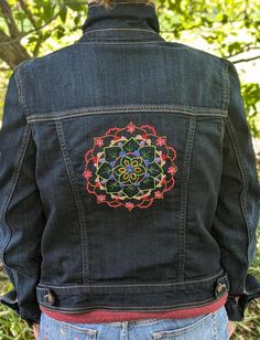 Dark wash, large American Eagle denim jacket has been embellished with colorful mandala on the back and stitching details on the front. Bohemian Embroidered Outerwear In Medium Wash, Bohemian Denim Outerwear With Multicolor Embroidery, Embroidery Details, American Eagle, Denim Jacket, Favorite Outfit, Jackets & Coats, Jackets For Women, Art Collection