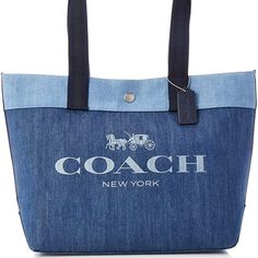 Priced At $278.00 Denim Nylon Lining Button Closure 22.5 Centimeters Shoulder Drop Hand Wash Only Height: 11.8 Inches (30 Cm) X Width: 16.9 Inches (43 Cm) X Depth: 5.9 Inches (15 Cm) X Handle Height: 8.9 Inches (22.5 Cm) Coach Tote Bag, Coach Tote Bags, Branding Coach, Horse Carriage, Coach New York, Coach Tote, Denim Tote, Japan Post, Blue Bags