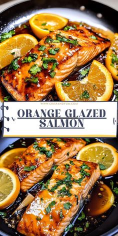 orange glazed salmon with lemons and parsley on the side in a skillet