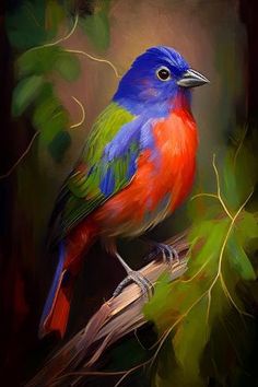 a painting of a colorful bird perched on a branch with green leaves in the background