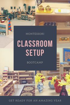 the classroom setup is set up with vases and flowers in front of it, along with