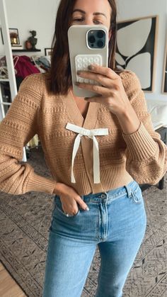 Loving this adorable bow cardigan for a casual everyday outfit. Perfect for a fall outfit and can be dressed up or down. Tap to shop! Preppy Fall Fashion, Fall Cardigan, Preppy Fall, Girls Fall Outfits, Neck Bow, Stylish Boots