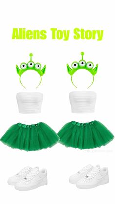 an advertisement for the alien toy story with green tutu skirts and white shoes on