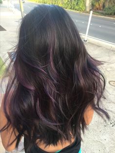 Dark With Purple Highlights, Dark Hair W Purple Highlights, Brunette With Fun Color Highlights, Brown Hair With Hair Dye, Purple Hair Ideas Highlights, Purple Underside Hair, Purple Brown Hair Highlights, Black Hair Plum Highlights, Brown Hair With Purple Highlights Subtle