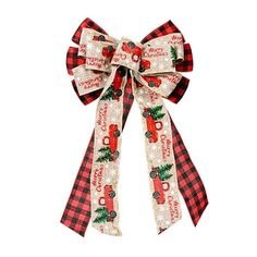 a red and white bow with christmas decorations on the front is hanging from it's side