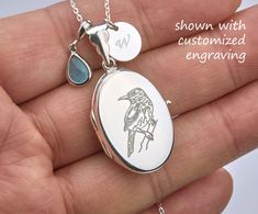 A highly personalized oval locket necklace with photo, engraving and a birthstone: 1. a high quality solid sterling silver oval locket (measures 1x 3/4 inch,and weight 4.6 grams, can hold 2 photos),  both sides can be engraved with initials, names, date, phrases or line drawings, for $12 each side.  2. There are two photo slots inside. Photo insertion service is available at $14 per photo (reflected in your pulldown choice). If you select this service, please send me a conversation with your loc Personalized Oval Locket Necklace For Memorial, Sterling Silver Locket Necklace With Engraving For Keepsake, Personalized Oval Pendant Locket Necklace For Memorials, Oval Birthstone Jewelry For Memorials, Customizable Oval Sterling Silver Jewelry, Oval Birthstone Jewelry For Memorial, Oval Memorial Birthstone Jewelry, Oval Personalized Locket Necklace For Keepsake, Personalized Silver Customizable Locket Necklace