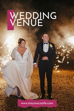 a bride and groom are walking in front of fireworks with the caption saying, wedding venue