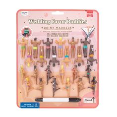 the wedding favors are made out of plastic and have different figures on each one side