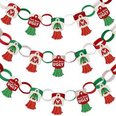 a bunch of red and green tassels on a white background with the words ugly