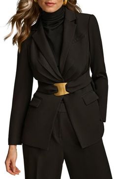 A cinching belt closed with a sculptural buckle artfully appoints this sophisticated blazer. 27 1/2" length Notched lapels Chest welt pocket; front flap pockets Attached front belt Back vent Lined 96% polyester, 4% spandex Dry clean Imported Tailored Black Belted Blazer, Formal Black Belted Blazer, Black Blazer With Belt Loops For Office, Elegant Black Belted Blazer, Elegant Black Blazer With Belt Loops, Elegant Notch Lapel Outerwear With Belt, Elegant Belted Blazer, Elegant Belted Blazer For Formal Occasions, Elegant Business Blazer With Belt