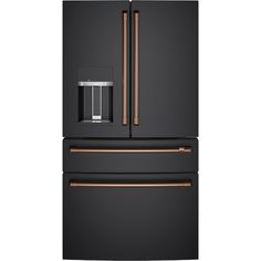 a black refrigerator freezer with copper trimmings and an ice maker in the door