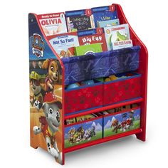 children's toy book display with paw patrol bookshelf and bins on wheels