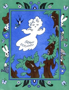 an image of a painting with trees and animals around it in blue, green, and white colors