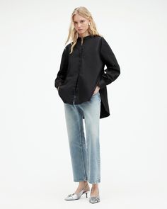 A wardobe staple. The Marcie Val Shirt is crafted from crisp poplin organic cotton. It's relaxed with a mandarin collar and easy curved hem. Updated with delicate embroidery that travels around the sleeve, it's a moment. Layer it over tailored bottoms, cropped tees and even dresses - the opportunities are endless.  Button closure Long sleeve Mandarin collar Concealed front button placket Curved hem Cropped Tees, Delicate Embroidery, Collar Shirt, Crop Tee, Denim Shop, Button Placket, Shirt White