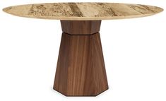 a round wooden table with an unusual design on the top and base, made out of wood