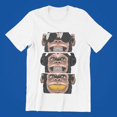 PRINTED & SHIPPED from USA, EUROPE or AUSTRALIA  Three wise monkeys tshirt, Monkeys Shirt,Don't See Don't Hear Don't Speak,Funny Shirt For Him,Graphic Tee,Monkey Shirts,Animal tees A classic unisex t-shirt that works well with any outfit. Made of a heavier cotton with a double-stitched neckline and sleeves.- Rolled-forward shoulders for a better fit- Stylish fitted sleeve- Seamless double-needle collar- Taped neck and shoulders for durability- Tubular fit for minimal torqueThis product is made o Novelty Cartoon Print T-shirt For Streetwear, Funny Front Print T-shirt For Streetwear, Funny Streetwear T-shirt With Front Print, Funny Character Print T-shirt For Streetwear, Funny Cartoon Print T-shirt, White Novelty T-shirt For Streetwear, Novelty White T-shirt For Streetwear, Funny White Shirt With Cartoon Print, Funny White T-shirt With Character Print