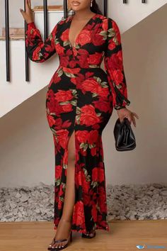 OrcaJump - Elegant Long Sleeve Wrap Skirt for Curvy Women on Vacation Full Length Floral Dress, Plus Size Bohemian, Floral Party Dress, Split Maxi Dress, Bodycon Maxi Dresses, Body Con Dress, Split Dress, Plus Size Womens Clothing, Loose Dress