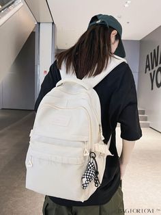 BagForLove - Efficient Letter Patch Backpack with Stylish Bag Charm - A Versatile Decorative Companion White Softback Bag For Students, White Large Capacity Bag For Back To School, White Large Capacity Bags For Students, Large Capacity White Bags For Students, Large Capacity White Student Bag, White Shoulder Bag For Everyday And Back To School, White Large Capacity Backpack For Students, Large Capacity White Backpack For Students, White Everyday Bags For Back To School