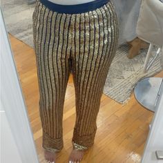 Gold Sequin. Last Two Pics Are For Styling Ideas. Perfect For The Season With A Chunky Sweater, A Bodysuit Or Even A Nice Blouse. I Am 5’8” So The Pants Are Long And Go Great With A Heel Or Boot. Never Worn But Tags Were Removed. They May Have A Snag That I Missed Because They’re Sequin But I Guarantee It’s Not Noticeable Cause I Can’t Find One. Gold Straight Pants For Party, Gold Bottoms For Party And Festive Occasions, Gold Festive Bottoms For Party, Festive Gold Bottoms For Party, Fitted Gold Pants For Festive Season, Gold Straight Leg Bottoms For Night Out, Chic Gold Pants For Party Season, Glamorous Gold Bottoms For Festive Occasion, Gold Wide Leg Bottoms For Festive Occasions