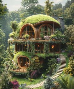 an unusual house with plants growing on the roof