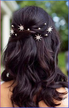 Get thick, voluminous hair easily with our list of the best mousse for fine hair. Explore our list to find the right product and try out trendy hairstyles. Wedding Hair Stars, Wedding Hair Celestial, Celestial Wedding Hair Piece, Prom Hairstyles Half Up Half Down Elegant Hair Accessories, Celestial Hair Piece, Starry Night Hairstyle, Celestial Bridal Makeup, Halloween Wedding Hair, Half Up Half Down Hair Accessories