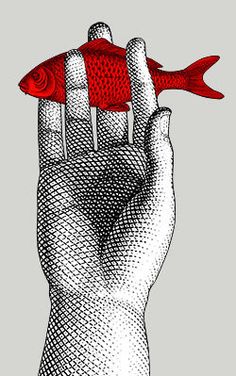 a drawing of a hand holding a red fish