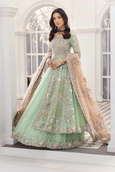 Mint Green Lehenga with Front Open Gown Dress Mint Bridal Lehenga, Light Green Walima Dress, Mint Green Nikkah Dress, Front Open Gowns Pakistani, Walima Dress Green, Nikkah Lengha, Lehenga Modest, Engement Dress, Hijabi Prom