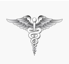 a cadus medical symbol with wings and staffs on it's back, in black and white