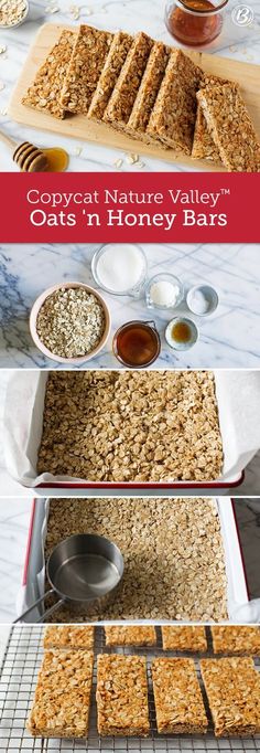 the process to make homemade oatmeal honey bars is shown in three different stages