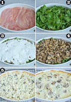 steps to make mushroom pizza with spinach and mushrooms in the middle, including toppings