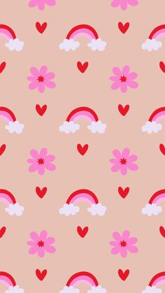 a pink background with hearts, flowers and clouds in the shape of rainbows on it