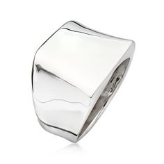 Ross-Simons - Italian Sterling Silver Asymmetrical Square-Top Ring Size 7. This ring is classic at first glance, and modern art at the second! The square-top design is twisted just slightly to reveal an intriguing asymmetrical effect. Made in Italy of sterling silver. 1/2" wide. Sterling silver asymmetrical square-top ring. Modern Wide Band Ring With Polished Finish, Modern Rings With Polished Edges, Square Silver Sterling Silver Necklace, Modern Sterling Silver Square Jewelry, Modern Square Sterling Silver Jewelry, Nickel-free Square Silver Jewelry, Silver Geometric Sterling Silver Ring, Top Rings, Two By Two