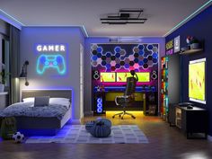 a bedroom with a soccer themed wallpaper and neon lights on the ceiling, along with a gaming room