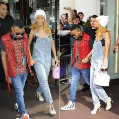 two pictures of people in overalls and hats, one is carrying a handbag