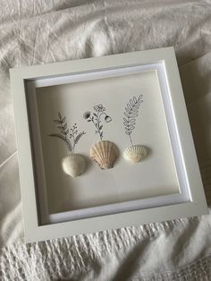 three seashells in a shadow box frame on a white bed sheet with flowers and ferns