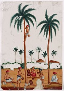 an image of a painting with people on the beach and palm trees in the background