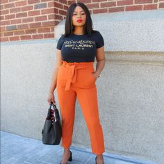 High Waisted Paper Bag Pant, Perfect Option For Non Denim Days 100% Polyester Model Wore Large, She Is A Us Pant Size 8 Bag Pants Outfit, Paper Bag Pants Outfit, Orange Pants Outfit, Orange Pants, Pants Outfit Casual, Plus Size Fall, Denim Day, How To Hem Pants, Ankle Pants