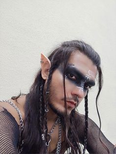 Fantasy Elf Costume Diy, Men’s Elf Costume, Male Faun Cosplay, Dark Elf Male Makeup, Dark Fairy Costume Men, Man Elf Costume, Dark Elf Costume Male, Dark Fae Costume Men, Druid Makeup Men