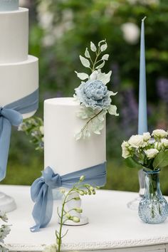 An elegant blue and white wedding cake created by Amelia Rose Cake Studio, set in the beautiful grounds of Kelmarsh Hall, Northamptonshire Simple Wedding Cake With Blue Flowers, White Gold Wedding Cake Elegant, Blue White Dessert Table, Wedding Cake Dusty Blue Flowers, Small Wedding Cakes Dusty Blue, Single Tier Wedding Cake Blue, Simple Wedding Cake Blue And White, Something Blue Wedding Cake, Wedding Cake With Dusty Blue Flowers