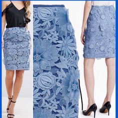 Brand New With Tags French Connection Manzoni 3d Lace Overlay Pencil Skirt Size 2! Retailed $188 + Tax. Absolutely Chic And Unique Timeless Medium Blue Color. Floral 3d Overlay To Fully-Lined Skirt. Pencil Skirt Silhouette. Back Zip. From My Personal Collection And Never Worn. I Have Far Too Many Similar Skirts! As I'm Cleaning Out My Closet, This Item Is Final Sale. 100% Authentic French Connection Check Out My Other Listings Cleaning Out My Closet! Fitted Blue Skirt For Spring, Light Blue Knee-length Bottoms For Spring, Blue Skirt For Spring Workwear, Spring Blue Workwear Skirt, Spring Workwear Blue Skirt, 3d Overlay, Lace Pencil Skirt, Floral Pencil Skirt, Lace Overlay