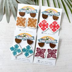 Like a tropical vacation for your ears!   These fun lightweight earrings feature a Hawaiian quilt prints and natural wood tops with stainless posts.  * S H I P P I N G * T I M E S * ✺ Our items are made with love for each of our buyers. Because of this, our processing time is 3-5 business days (depending on order volume) plus transit time.  ✺ If your order contains multiple items from our shop they may ship separately. * K E E P * S H O P P I N G * ✺ Shop our entire Lani Makana collection here:  http://www.etsy.com/shop/lanimakana * C U S T O M * O R D E R S * ✺ Most items in our shop can be customized! Shoot us a message for a custom order request. MAHALO for shopping small! Hawaiian Quilt Jewelry, Hawaii Quilt, Hawaiian Quilt, Earrings Beach, Hawaiian Quilts, Gift From Heaven, Hawaiian Jewelry, Jewelry Beach, Lightweight Earrings