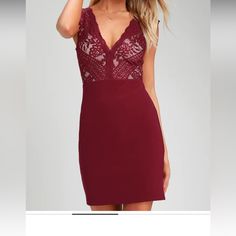 Wine Red Lace And Nude Knit Lining Creates A Sexy Contrast Across A Plunging V-Neck And Darted Bodice, While Scalloped Cap Sleeves Frame The Lace-Up Back. Stretch Knit Bodycon Mini Skirt Finishes Off The Sultry Look. Hidden Back Zipper/Clasp. Never Worn. Bodycon V-neck Mini Dress With Lace Trim, Red V-neck Bodycon Dress For Date Night, Chic Lace V-neck Bodycon Dress, Burgundy V-neck Mini Dress For Date Night, Lace Up Bodycon Dress, Bodycon Mini Skirt, Dresses Lulus, Lulus Dresses, Red Lace